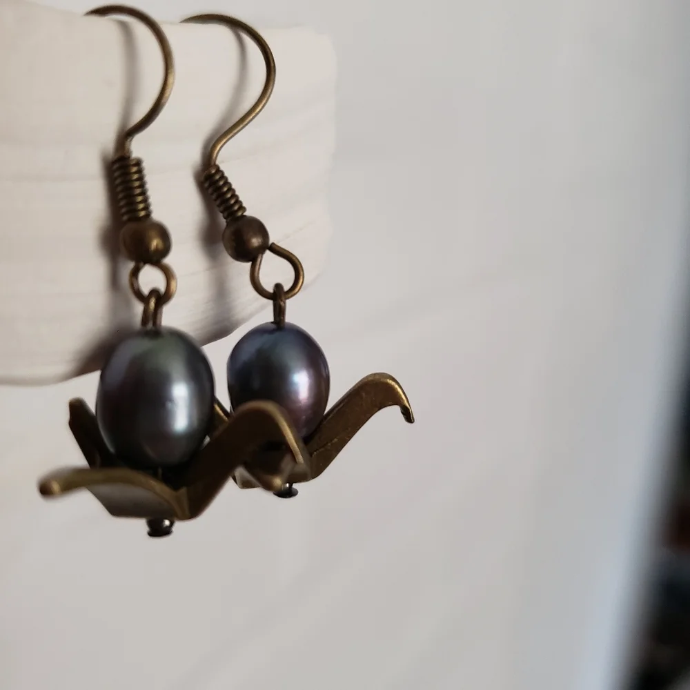 Handmade Bronze Japanese Crane & Antique Purple Fresh Water Pearl Earrings
